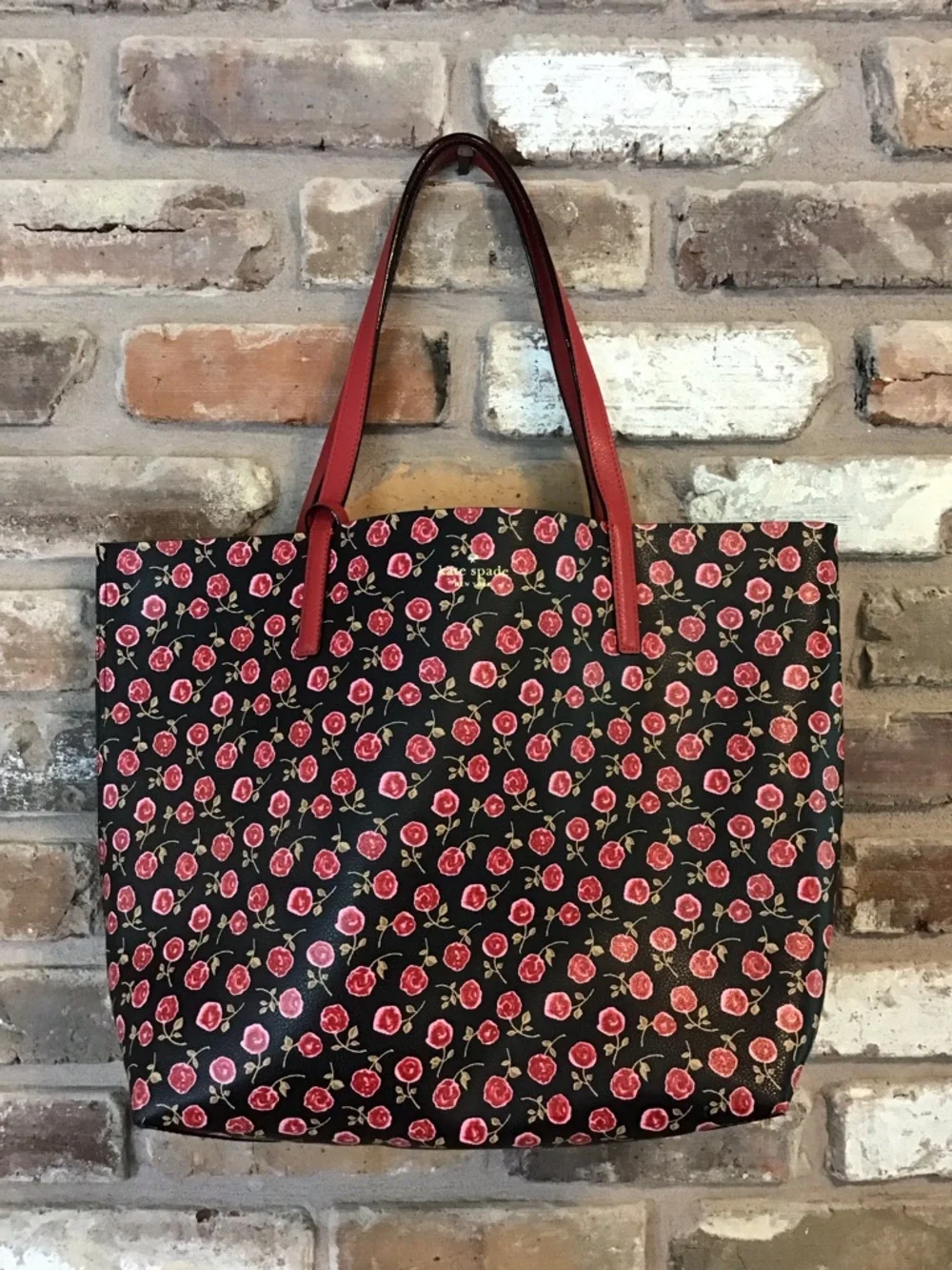 KATE SPADE Reversible MYA Arch Place Black Red Roses Leather Tote Bag